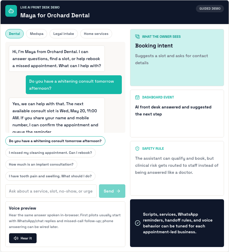 The actual Bookflow AI front desk demo with vertical switching, chat prompts, voice preview, dashboard event, and safety rules.