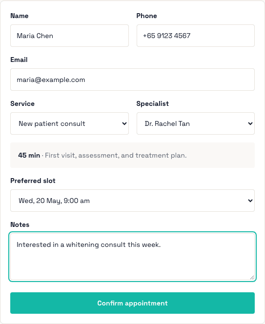 The actual Bookflow client booking page with services, AI receptionist, and appointment form.