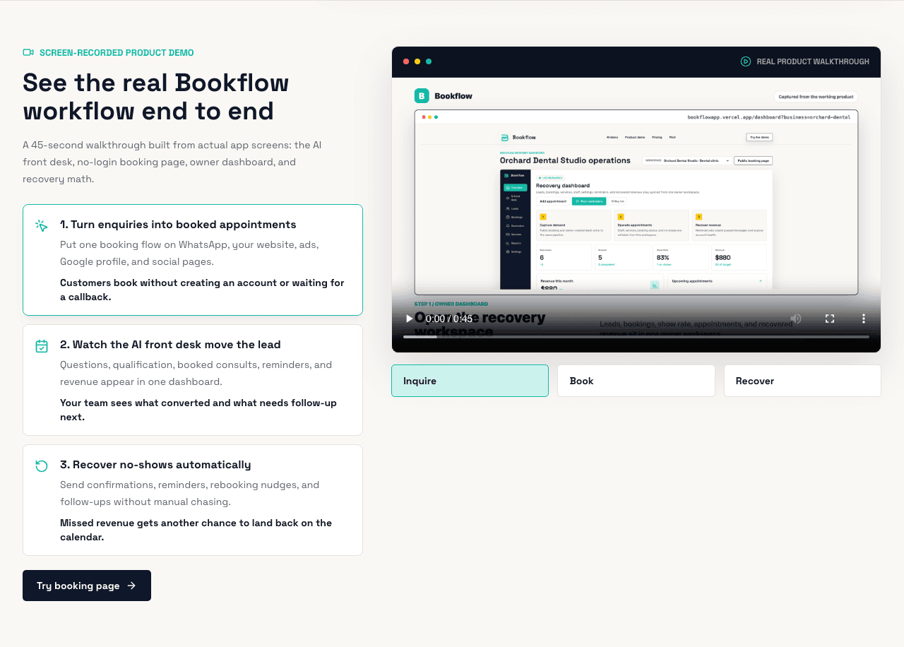 The actual Bookflow product demo section with the 45 second intro video player.